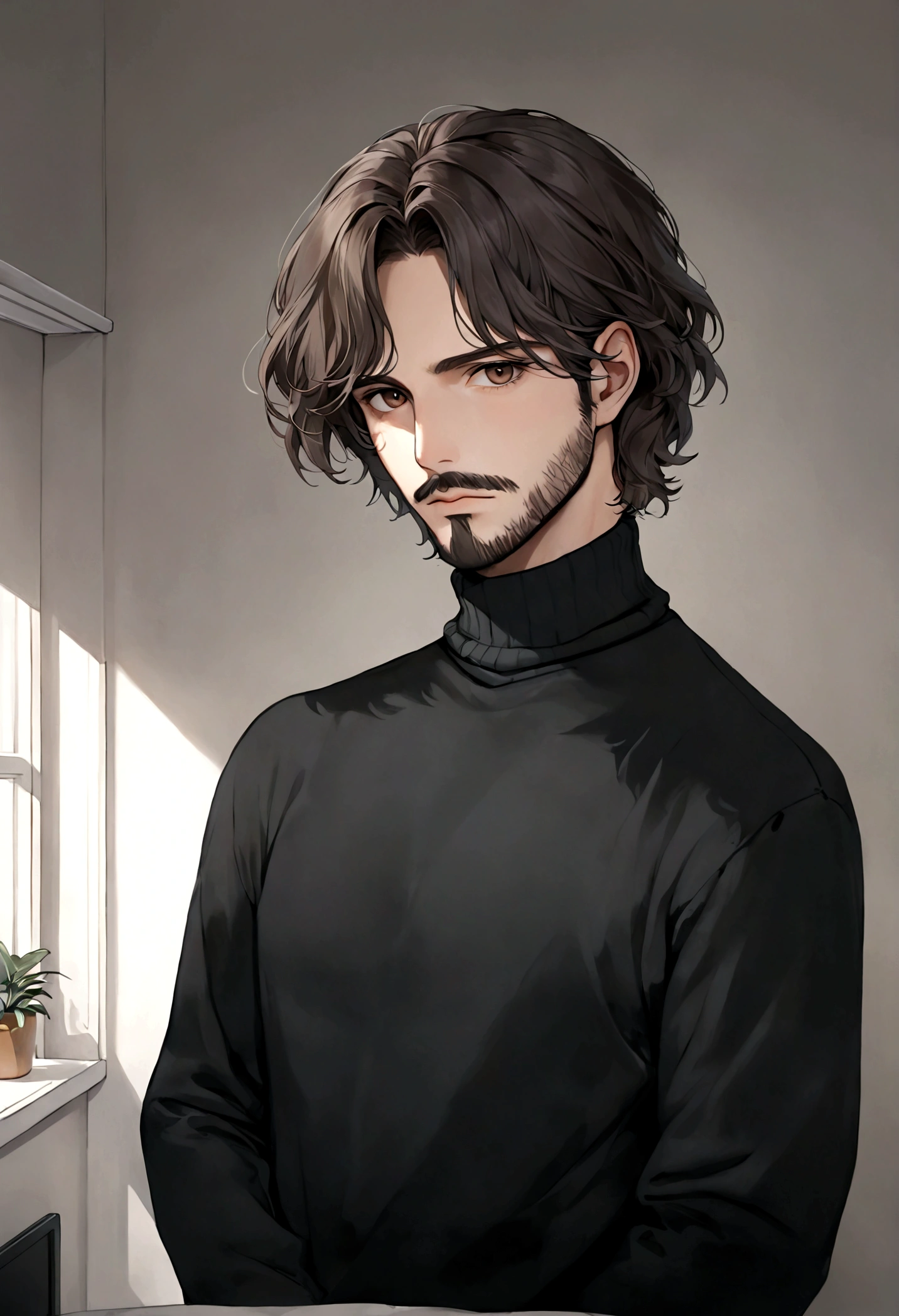 (black turtleneck sweater, A men's turtleneck sweater), ), ((bigote estilo Van Dyke y (barba de chivo) "Van Dyke", Van Dyke beard)), (light brown eyes), Aspecto atractivo y serio, ((cabello muy largo oscuro, messy hair)), Elegante y con estilo, abrigo elegante color gris largo, Un hombre similar al actor Jim Morrison con el cabello largo, ((cabello muy largo)), (Imagen realista y de alta calidad), Apartamento escandinavo en el fondo simple de un cuarto, ((La mejor calidad, 8K, obra maestra).((pose dinamica)), (cabello largo pasando los hombros)