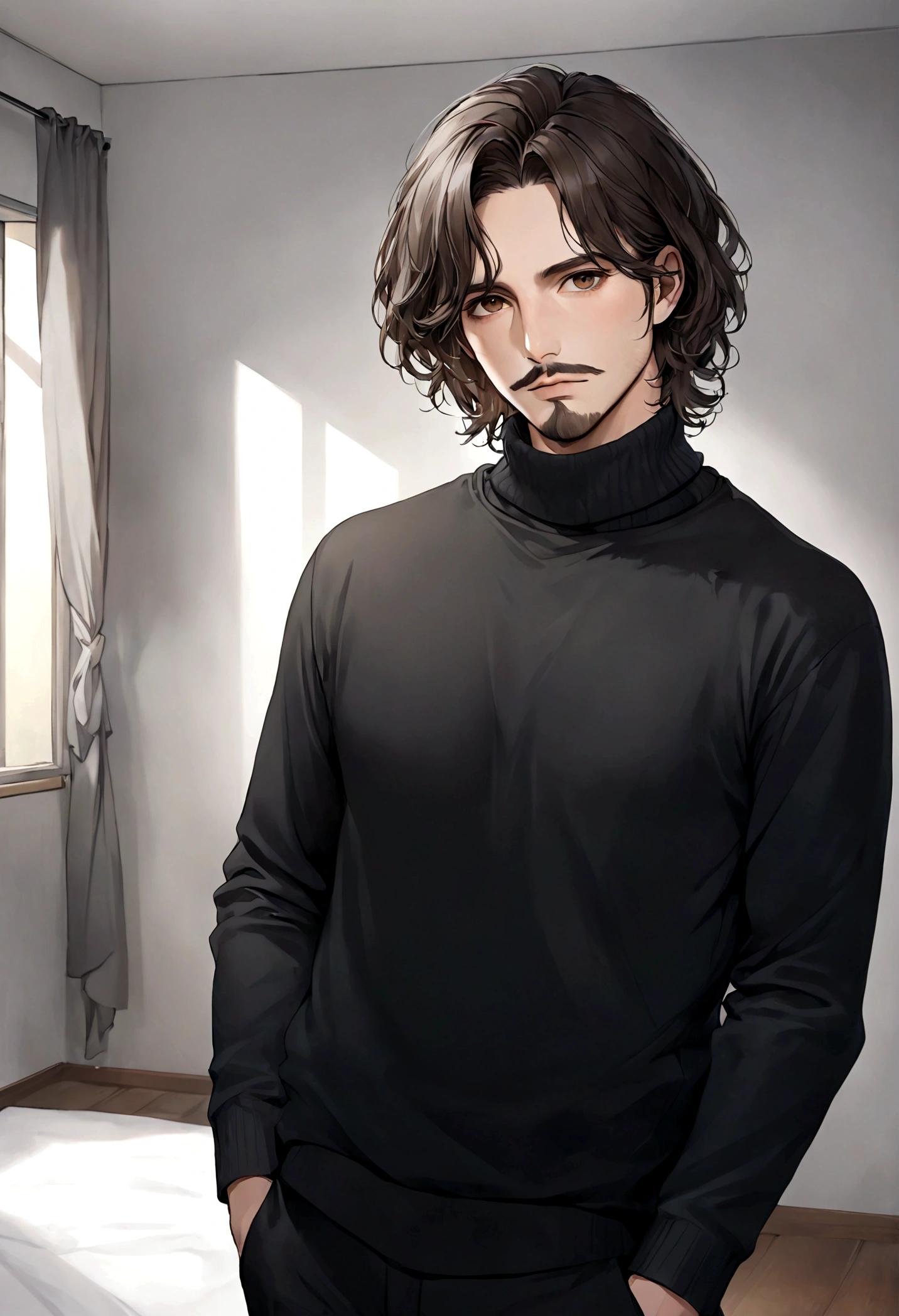 (black turtleneck sweater, A men&#39;s turtleneck sweater), ), ((bigote estilo Van Dyke y (barba de chivo) "Van Dyke", Van Dyke beard)), (light brown eyes), Aspecto atractivo y serio, ((cabello muy largo oscuro, messy hair)), Elegante y con estilo, abrigo elegante color gris largo, Un hombre similar al actor Jim Morrison con el cabello largo, ((cabello muy largo)), (Imagen realista y de alta calidad), Apartamento escandinavo en el fondo simple de un cuarto, ((La mejor calidad, 8K, obra maestra).((pose dinamica)), (cabello largo pasando los hombros)