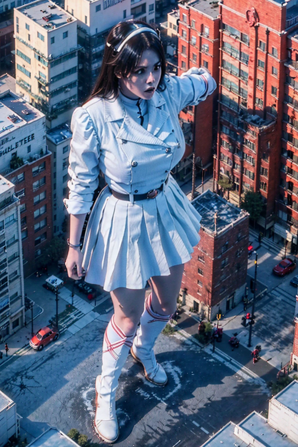 Giant maiden,der riese、Girl taller than the building,from below, round and large eyes、tallgts,giantess,Full body photo,BuildingSeat, white uniform,Big breasts,pencil skirts,,white boots,cleveage of the breast、a miniskirt、Modern miniature buildings、top-quality、Watercolor style、stom'