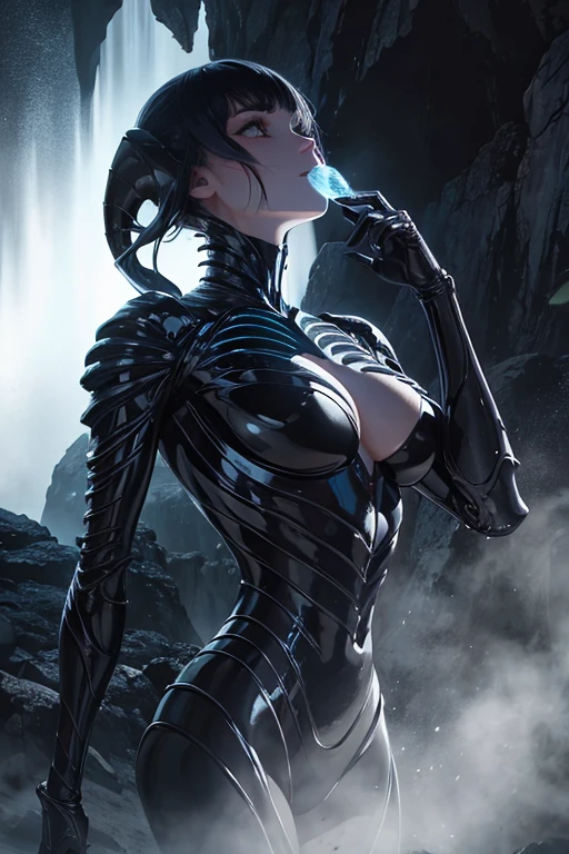 Hermosa mujer xenomorfa, Estilo fotorrealista, criatura, Science fiction, oscuro, textura elegante, exoesqueleto brillante, Biomechanical design, cabeza alargada, enlarged jaw, dientes afilados, ojos negros penetrantes, Cuerpo delgado, Biomechanical glue, translucent membrane, disturbing atmosphere, lush alien landscape, flora vibrante, misteriosas formaciones rocosas, atmospheric lighting, cascadas en cascada, ethereal mist, distant alien sky, cautivadores cuerpos celestes