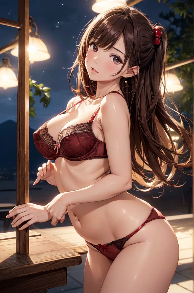 Absurd, Super detailedな,(In 8K:1.3),Masseter muscle area,(masterpiece:1.2)、(highest quality)、4k、Super detailed、(Movement Structure:1.hining Lights、Atmosphere lighting), High resolution, Best Quality、(One girl:1.4),Super detailedな,Bright colors、Treebreak Production Art、(Warm color light source:1.2),High-level image quality、Fine image quality、Intricate details,Volumetric Lighting,Realism BREAK、Profile、 Idol face、15 ye beautiful face and eyes, Beautiful images、 natural make up、big eyes、 (Big Tits:1.5)、(Brs:1.4), (glossy:1.5)、(brown hair,chignon:1.2), (orgasm face:1.2)、 (Delicate andled、Cherry Red、bra, lowleg panties, lowleg:1.5)、 Plump thighs、 (esert:1.5) 、 (Baby Face:1.4)、、 overhead shot