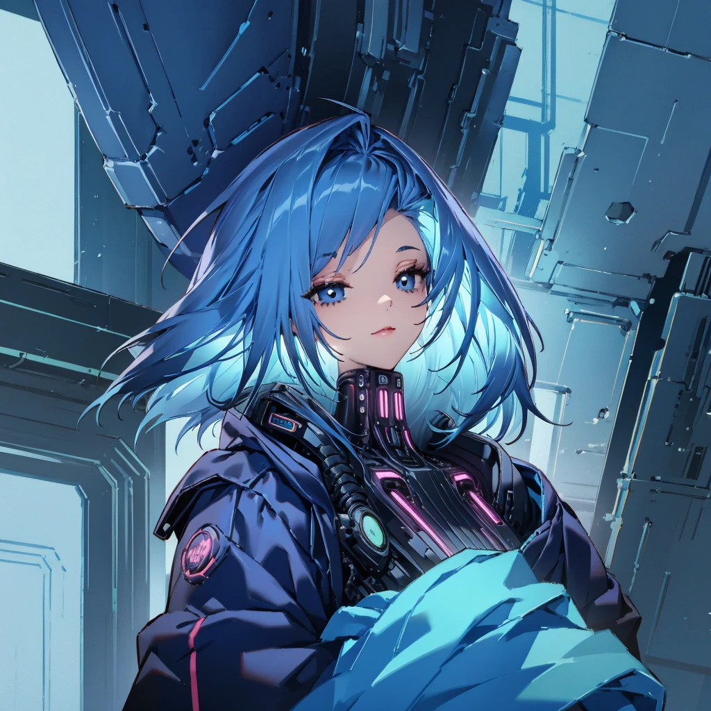 A blue-haired girl giving counseling in a counseling room. She has a cold expression and is smiling. Her clothes are cyberpunk. She is looking at herself. She is holding her chin.