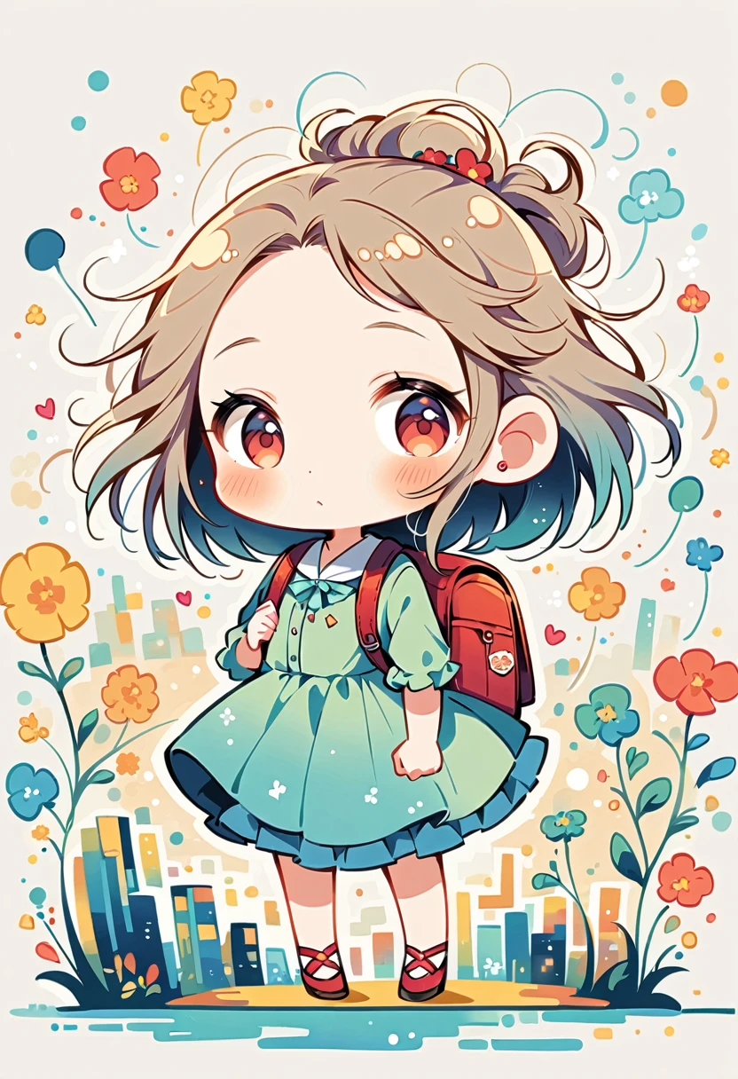 Momoko Sakura style, Standing in front of a high wall,Girl with backpack on rooftop,My backpack is full of happy spring,Simple Line Initialism,Abstract art,Urban Background, (((The most beautiful girl))), (((chibi)))