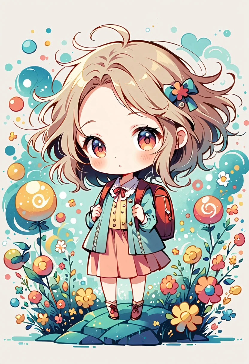 Momoko Sakura style, Standing in front of a high wall,Girl with backpack on rooftop,My backpack is full of happy spring,Simple Line Initialism,Abstract art,Urban Background, (((The most beautiful girl))), (((chibi)))