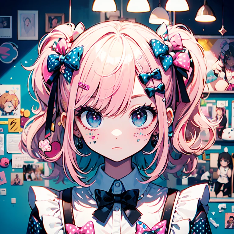 masterpiece, highest quality, Very detailed, Beautiful Shadows, Cinema Lighting, Studio Lighting, cute, cute, Big eyes, Flower pattern in pupil, Well-shaped pupils , cute polka dot pattern on bows, Plaid, ((Pale pink hair)),Powder blue eyes,Wearing pink and blue maid clothes,Pure white cute girl,whole body, Full Shot, Retro, Valletta, Decora, Lots of accessories