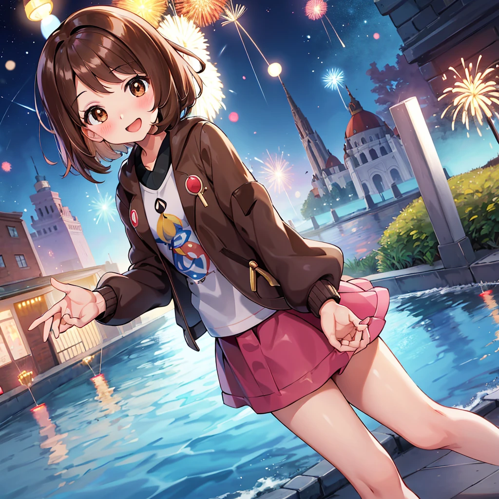 masterpiece, highest quality, High resolution, Gloria1, 1 Girl, Gloria\(Pokémon\), Brown Hair, , Brown Eyes, , Short Hair, , Bobcut, bangs, , 　１Describe a girl carefully　１Girl　A sloppy smile　blush　Open Mouth　blush　In town　Jacket　shirt　mini skirt　Night Moon　firework　Festivals