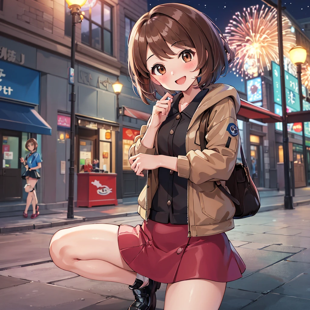 masterpiece, highest quality, High resolution, Gloria1, 1 Girl, Gloria\(Pokémon\), Brown Hair, , Brown Eyes, , Short Hair, , Bobcut, bangs, , 1Describe a girl carefully 1Girl A sloppy smile blush Open Mouth blush In town Jacket shirt mini skirt Night Moon firework Festivals