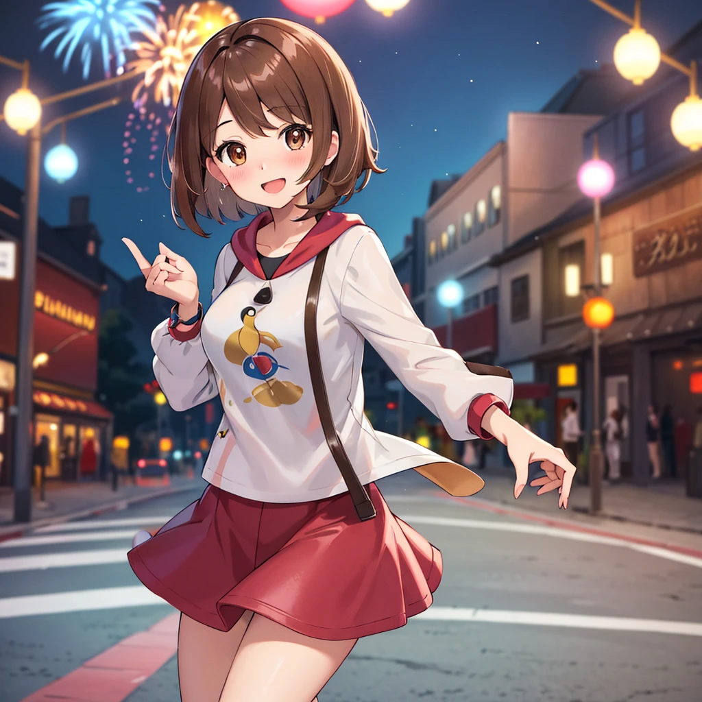 masterpiece, highest quality, High resolution, Gloria1, 1 Girl, Gloria\(Pokémon\), Brown Hair, , Brown Eyes, , Short Hair, , Bobcut, bangs, , 　１Describe a girl carefully　１Girl　A sloppy smile　blush　Open Mouth　blush　In town　Jacket　shirt　mini skirt　Night Moon　firework　Festivals