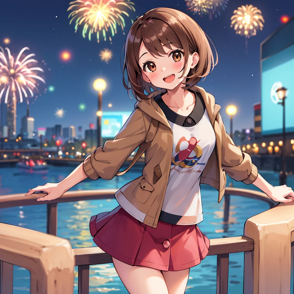 masterpiece, highest quality, High resolution, Gloria1, 1 Girl, Gloria\(Pokémon\), Brown Hair, , Brown Eyes, , Short Hair, , Bobcut, bangs, , 　１Describe a girl carefully　１Girl　A sloppy smile　blush　Open Mouth　blush　In town　Jacket　shirt　mini skirt　Night Moon　firework　Festivals