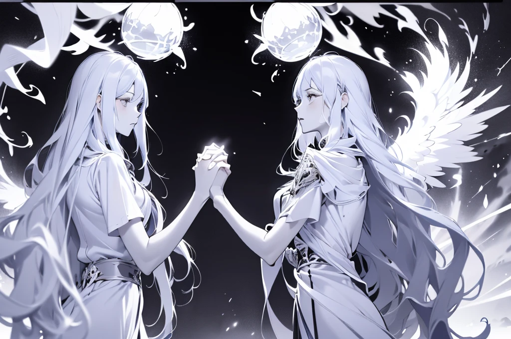 Monochrome、Line art、Multiple vibrant light sources floating in the air、Twin Goddesses、Twins holding hands like mirror images、She is wearing a white dress with a large opening at the neckline.、Pitch black background、A black pearl with a red flame burning inside１Background、A single dim lamp light、Have a biologically correct body、