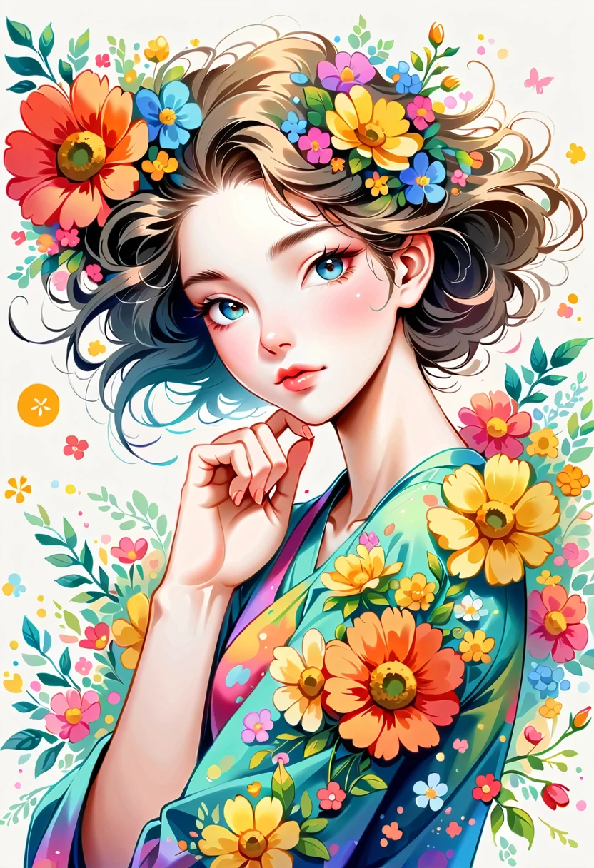 Yomu style, The most beautiful girl of all time,Lips in Love, colorful flowers, Simple Line Initialism,Abstract art,Urban Background