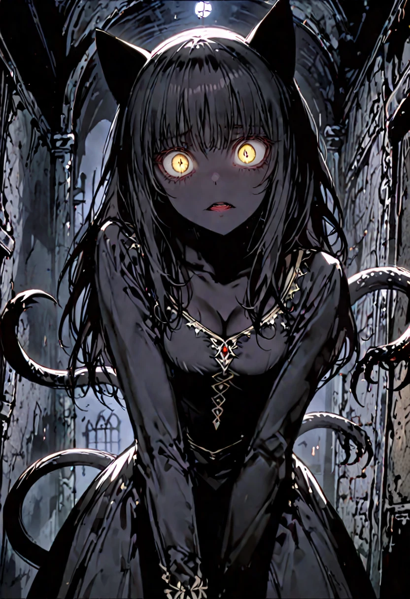 ((solo)), female, slender, very long arms, huge sharp claws, long claws, yellow eyes, slit pupils, short black hair, pitch black skin, horror, very dark, medieval, cleavage, room, corner, wide open eyes, yandere, extremely tall, black cat ears, black cat tail, simple dress, night, close up, displacer beast girl, tentacles emerging from back, cat pose