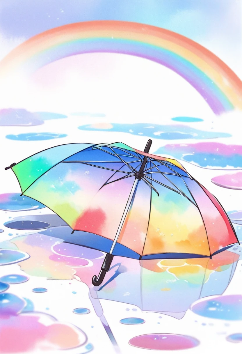 An umbrella lying on a white background, in puddle, rainbow watercolor style umbrella.