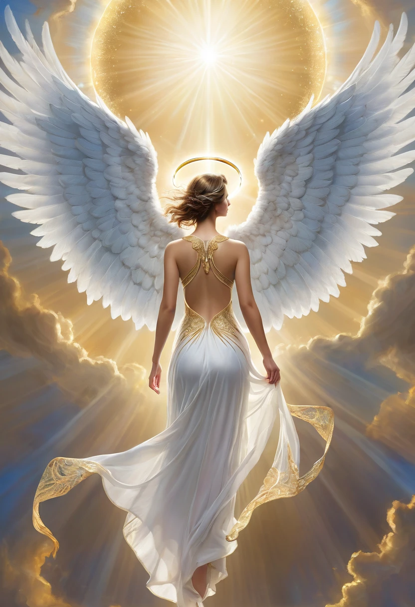 best quality, top quality, masterpiece, highres, detailed, a soaring angel, wings on the back, Back View, a dazzling halo,