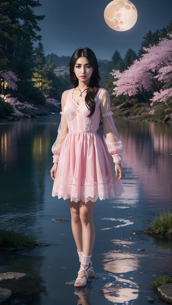 8K, ultra hd, masterpiece, 1 girl, ((18 years old girl)), good face, very long hair, detailed eyes, detailed lips, small breasts, ((polythene clothing, pink clothing)), ((criss-cross lace)), sardine, ornament, jewellery, antique jewellery, loops, straps, dim lighting, epic scenery, ((night scenery:1.5)), ((Realistic moon)), cherry blossom, beautiful, rain, flowers, butterfly, water reflection, RTX 4090, (unreal engine 5), ray tracing, bloom effect, perfect pose,