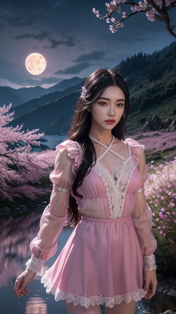 8K, ultra hd, masterpiece, 1 girl, ((18 years old girl)), good face, very long hair, detailed eyes, detailed lips, small breasts, ((polythene clothing, pink clothing)), ((criss-cross lace)), sardine, ornament, jewellery, antique jewellery, loops, straps, dim lighting, epic scenery, ((night scenery:1.5)), ((Realistic moon)), cherry blossom, beautiful, rain, flowers, butterfly, water reflection, RTX 4090, (unreal engine 5), ray tracing, bloom effect, perfect pose,