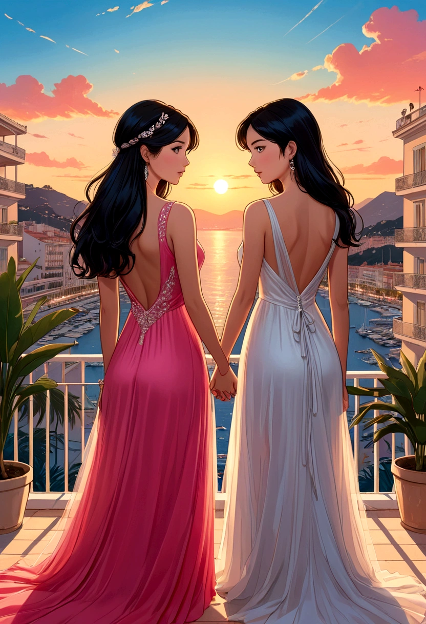 Name "FreenBecky in Cannes" in an elegant, eye-catching and dynamic font with the colors blue, white and red with the Cannes Festival logo Behind the letters and Create an idyllic manga-style image of two beautiful women watching the sunset from a balcony in the french riviera One of them is an Asian woman (Freen) with long straight black hair who is dressed in a beautiful short dress fitted to her body, white in color with white tulle details surrounding her dress. The other woman is British (Becky) with brown hair, combed with a long braid and is dressed in a beautiful long straight floor-length dress of bright pink color with rhinestone details throughout the dress and the back is open. They are enjoying the landscape holding hands, relaxed. The image exudes intimacy and tenderness in an atmosphere of pure love.
