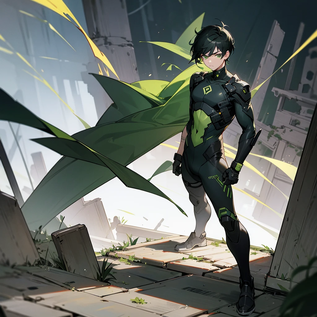 1male, young adult, finely detailed green eyes, wild short hair, black hair, scars, arm bandages, full body combat suits, loose pants, standing on ruined building, night time, serious expression