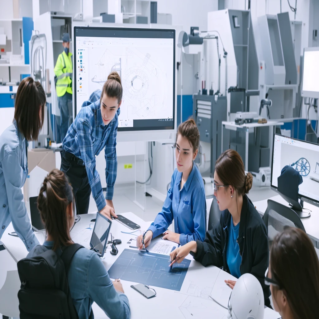 several people are gathered around a table with a laptop and a projector, advanced technology, industrial design plan, engineering, endless collaboration with ai, personas en el trabajo, engineering blueprints, imagen de alta calidad, Blueprint de Autodesk, foto fija, technician, preciso y detallado, antecedentes interesantes, mejorado digitalmente, integrating with technology, Plano, stylized illustration, technician drawings, collaboration