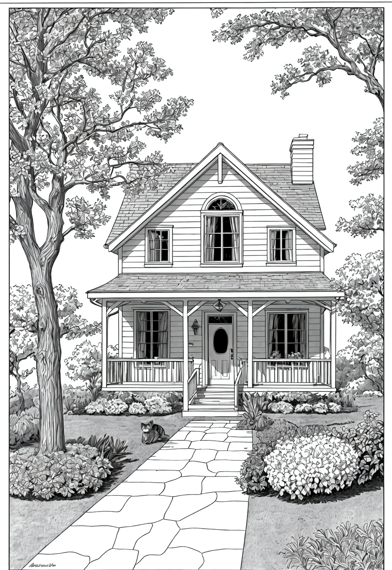 Book page coloring art, All-white background, Use only outlines, line art, coloring book, Clean line art, For coloring Simple and clean line art, coloring book page, perfect symmetric details, Tranquil Farmhouse: A charming farmhouse with a picket fence, a large oak tree with a tire swing, flowers blooming in the garden, and a cat lounging on the porch.