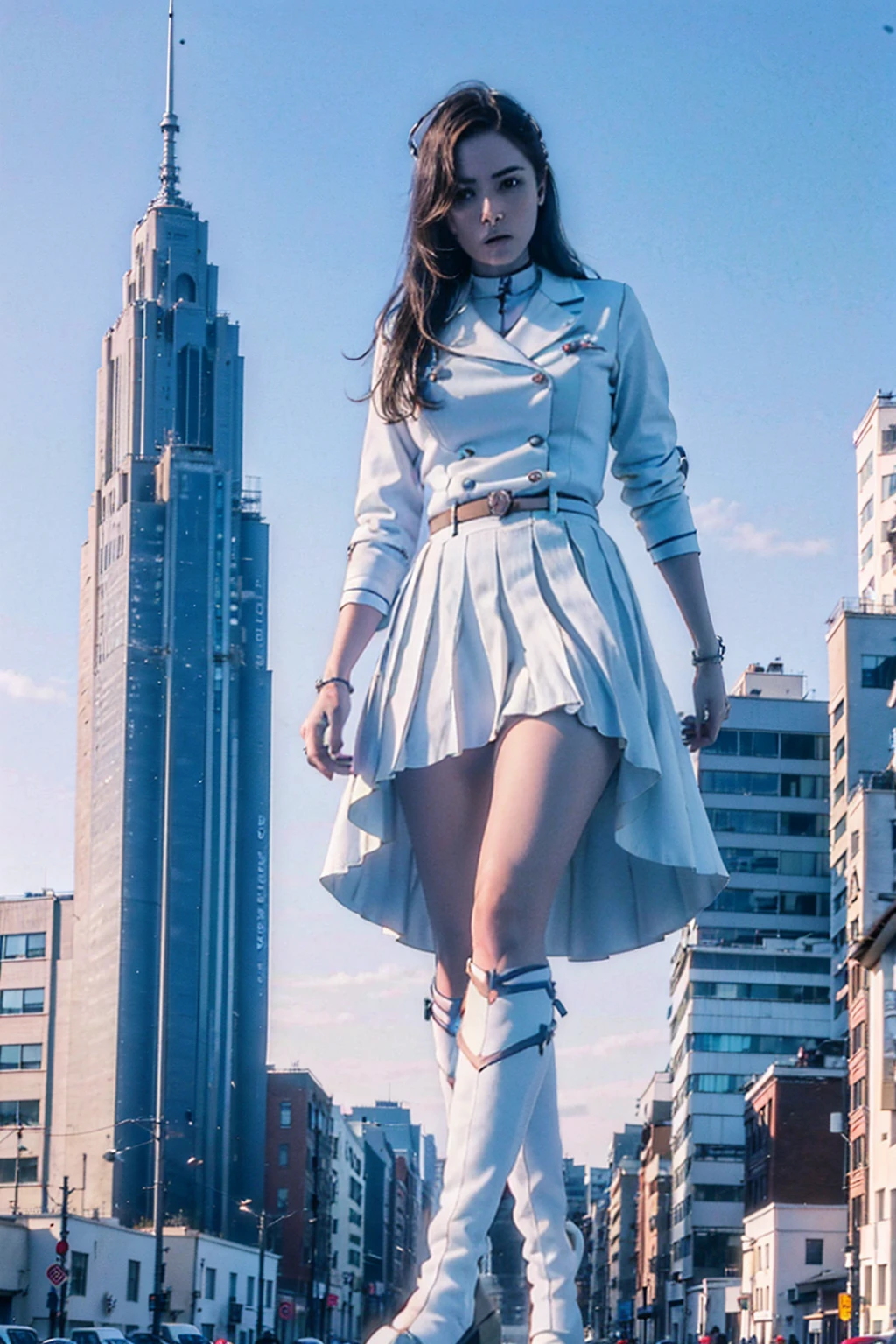 Girl taller than the building，from below, round and large eyes、tallgts,giantess，Full body photo，BuildingSeat, white uniform，Big breasts，pencil skirts，，white boots，cleveage of the breast、a miniskirt、Modern miniature buildings、top-quality、Watercolor style、stomping