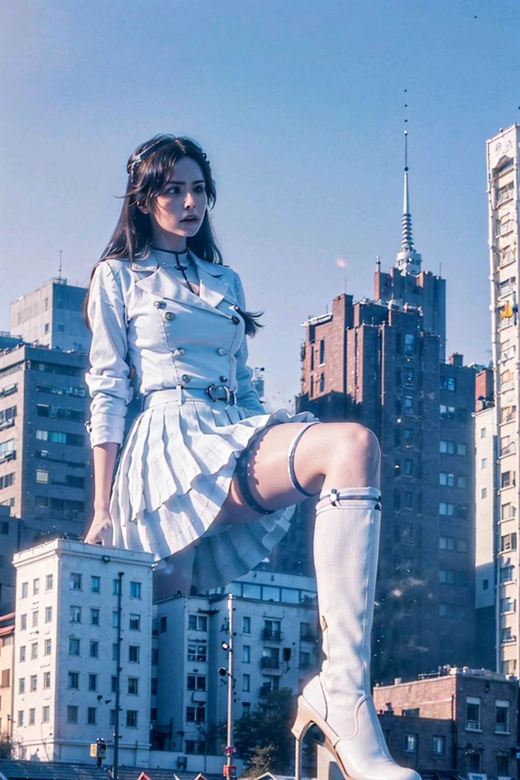 Girl taller than the building,from below, round and large eyes、tallgts,giantess,Full body photo,BuildingSeat, white uniform,Big breasts,pencil skirts,,white boots,cleveage of the breast、a miniskirt、Modern miniature buildings、top-quality、Watercolor style、stomping