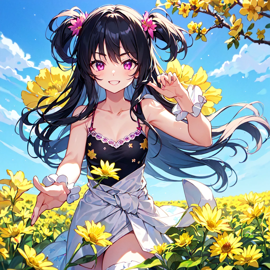 MASTERPIECE, best quality, high quality, extremely detailed, very delicate and beautiful, (1 female 18 years old, solo: 1.2), (long black hair, two side up to waist: 1.4), fringes to eyebrows, eyes Sharp eyes, strong glossy glossy eyes, glossy eyebrows, (eye colour magenta:1.3), 6.5 head height, (southern star flower print summer fashion:1.3), knee socks, frills, lace, (smiling), (running), (dynamic pose), (background southern star flower field :1.5) (blue sky), (upper body:1.3)