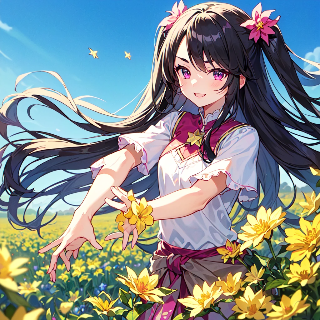 MASTERPIECE, best quality, high quality, extremely detailed, very delicate and beautiful, (1 female 18 years old, solo: 1.2), (long black hair, two side up to waist: 1.4), fringes to eyebrows, eyes Sharp eyes, strong glossy glossy eyes, glossy eyebrows, (eye colour magenta:1.3), 6.5 head height, (southern star flower print summer fashion:1.3), knee socks, frills, lace, (smiling), (running), (dynamic pose), (background southern star flower field :1.5) (blue sky), (upper body:1.3)