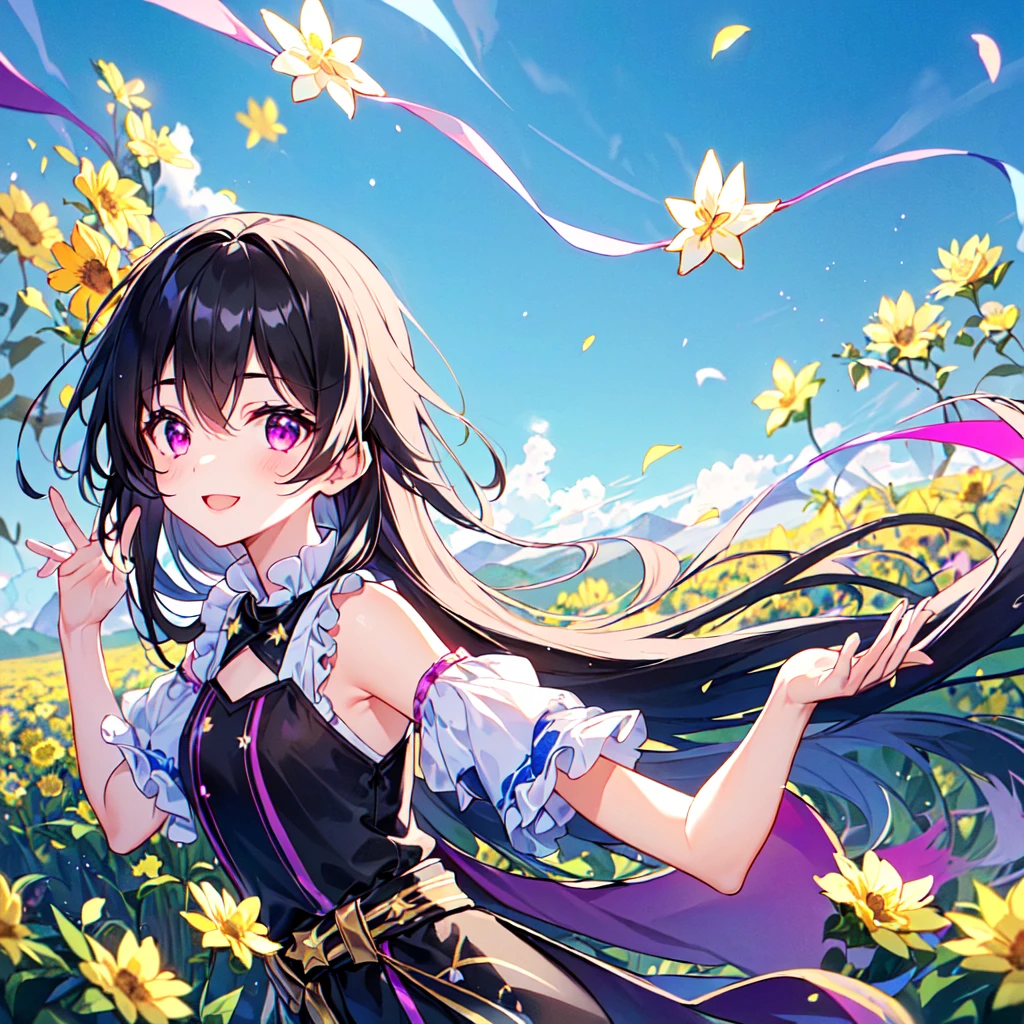 MASTERPIECE, best quality, high quality, extremely detailed, very delicate and beautiful, (1 female 18 years old, solo: 1.2), (long black hair, two side up to waist: 1.4), fringes to eyebrows, eyes Sharp eyes, strong glossy glossy eyes, glossy eyebrows, (eye colour magenta:1.3), 6.5 head height, (southern star flower print summer fashion:1.3), knee socks, frills, lace, (smiling), (running), (dynamic pose), (background southern star flower field :1.5) (blue sky), (upper body:1.3)