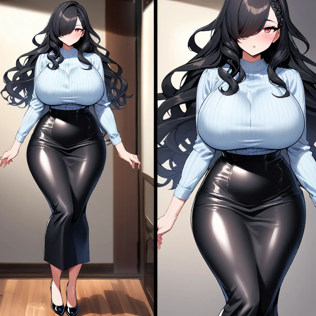 1woman,solo,25yo,black hair,long hair,wavy hair,shiny hair,hair over one eye,side braid,scarlet eyes,huge breasts,tall stature, voluptuous,wide hip,light-blue_blouse-shirt,white_pencil-skirt, black patent heel pumps,