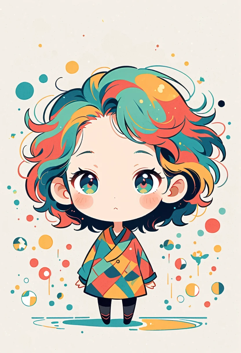 Watase Seizo style, Standing in front of a high wall,Simple Line Initialism,Abstract art,Urban Background, (((The most beautiful girl))), (((chibi)))