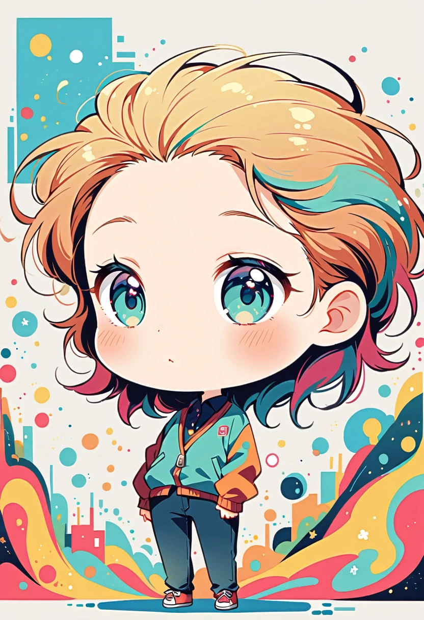 Watase Seizo style, Standing in front of a high wall,Simple Line Initialism,Abstract art,Urban Background, (((The most beautiful girl))), (((chibi)))