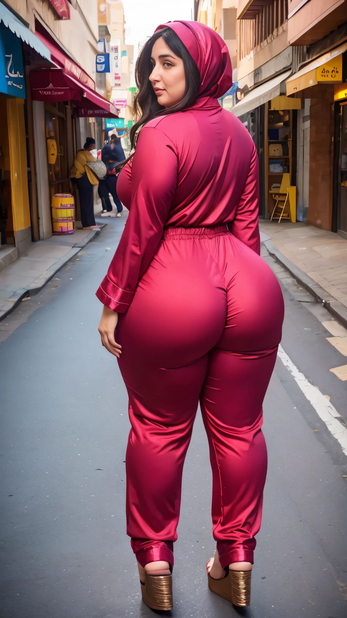 Arabic Woman in street, curvy body , wearing jumpsuit pajamas, beautiful woman, very detail ,pawg, long legs ,thick high, full body in camera, pawg, wearing strap wedges