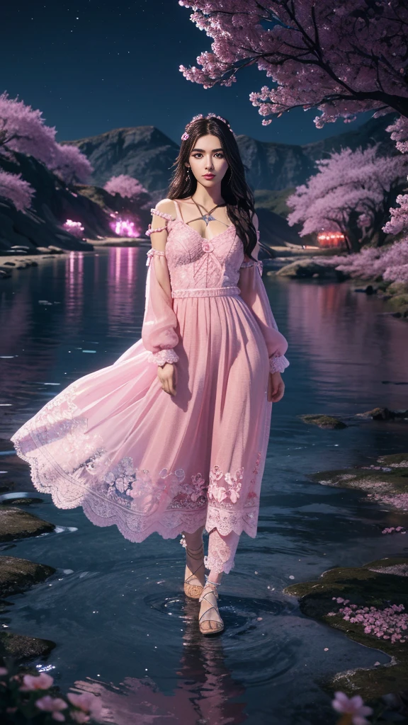 8K, ultra hd, masterpiece, 1 girl, ((18 years old girl)), good face, very long hair, detailed eyes, detailed lips, small breasts, ((polythene clothing, pink clothing)), ((criss-cross lace)), sardine, ornament, jewellery, antique jewellery, loops, straps, dim lighting, epic scenery, ((night scenery:1.5)), ((Realistic moon)), cherry blossom, beautiful, rain, flowers, butterfly, water reflection, RTX 4090, (unreal engine 5), ray tracing, bloom effect, perfect pose,