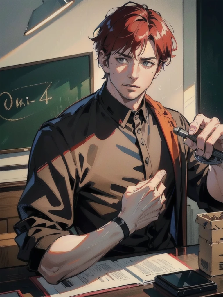 a 40 year old man ((red short hair:1.0)), grey eyes, moles all over the face, wearing an official uniform, masculinity, teacher, (best quality,4k,8k,highres,masterpiece:1.2),ultra-detailed,(realistic,photorealistic,photo-realistic:1.37),cinematic lighting,highly detailed face and body,sharp focus,vivid colors,anime style