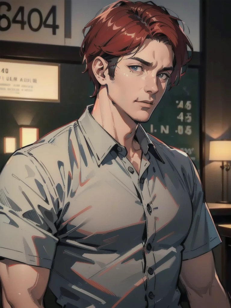 a 40 year old man ((red short hair:1.0)), grey eyes, moles all over the face, wearing an official uniform, masculinity, teacher, (best quality,4k,8k,highres,masterpiece:1.2),ultra-detailed,(realistic,photorealistic,photo-realistic:1.37),cinematic lighting,highly detailed face and body,sharp focus,vivid colors,anime style