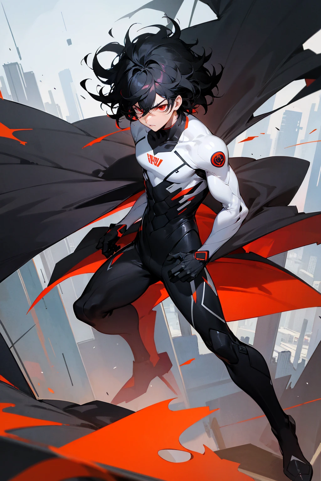 1male, black hair, wild hair, two toned hair, red eyes, full body combat suit, angered expression, black suit, white two toned suit, city background, standing on building, hands behind back