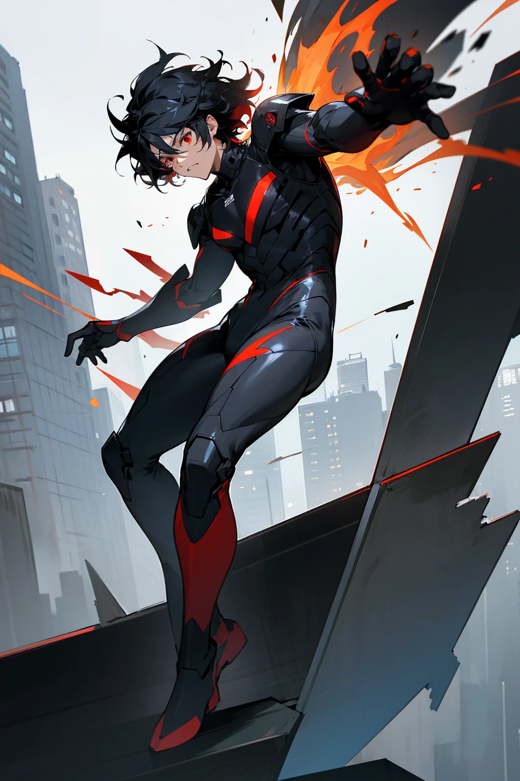 1male, black hair, wild hair, two toned hair, red eyes, full body combat suit, angered expression, black suit, white two toned suit, city background, standing on building, hands behind back