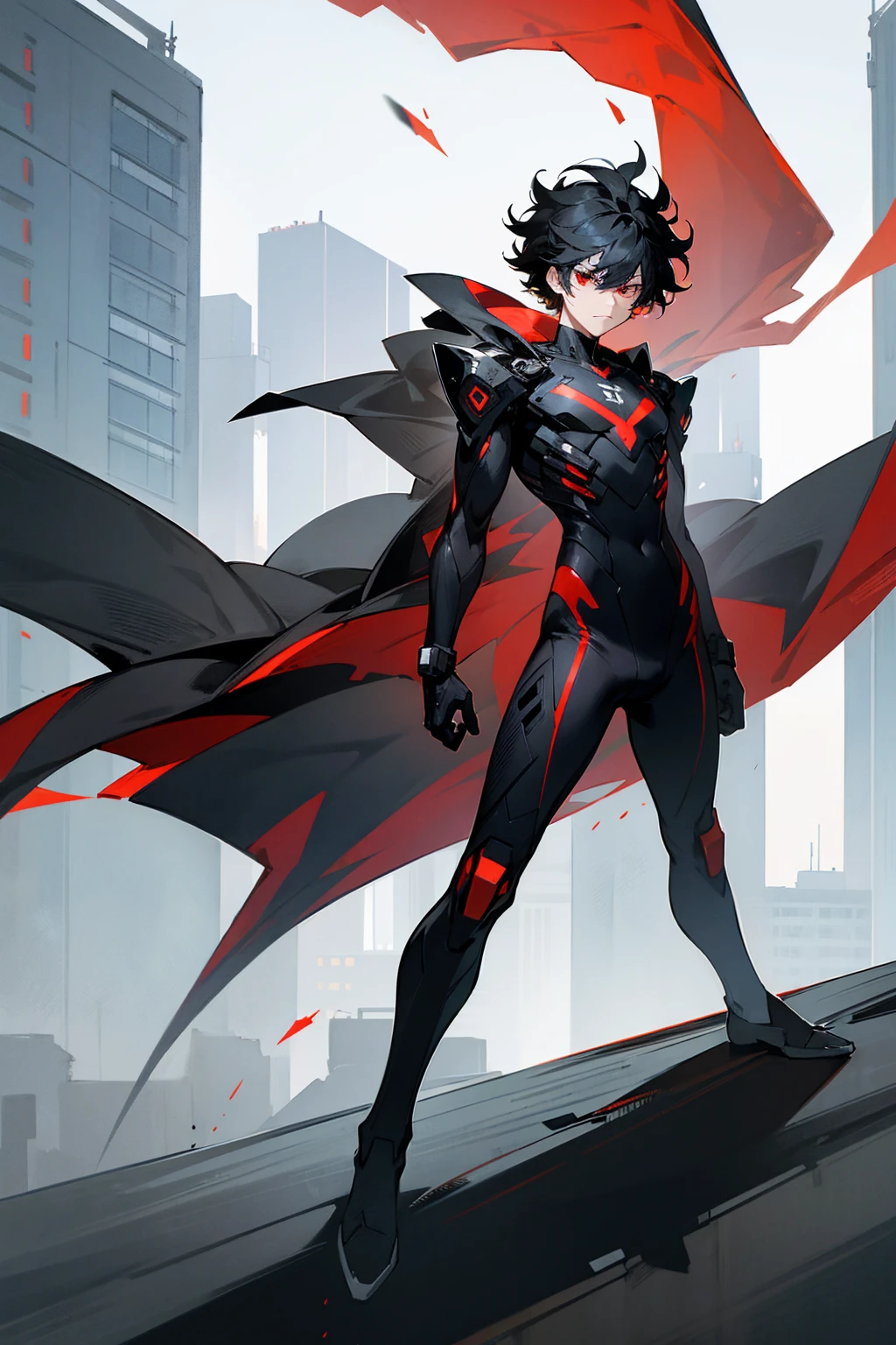 1male, black hair, wild hair, two toned hair, red eyes, full body combat suit, angered expression, black suit, white two toned suit, city background, standing on building, hands behind back