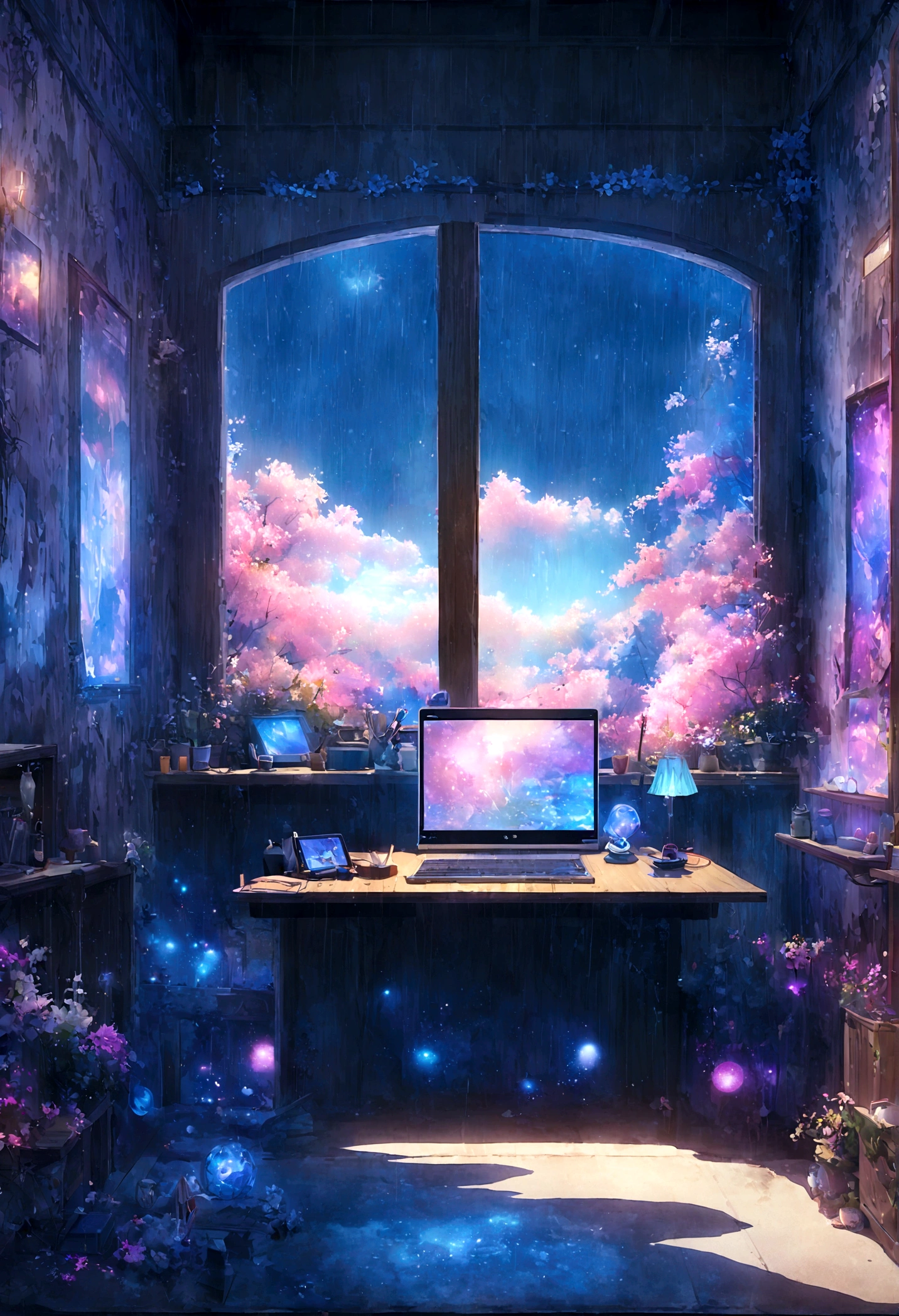 On the desk、Naked Girls、Tablet、liquid crystal、rain、PC Monitor、liquid crystalTablet、smartphone、wall、Dark atmosphere、Blue Neon、Brewster、keyboard、Vocal Microphone、headphone、Large windows、scenery、White flowers and a laptop on a desk in front of a window, Digital painting inspired by Gyokudō Uragami, pixiv Contest Winner, magical realism, Magic Lab Background, Magic Background, Background Art, Personal room background, Random background scenes, anime Background Art, Cozy cafe background, Fairytale style background, Background Artwork, Mobile Game Background