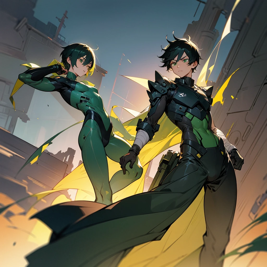 1male, adult, finely detailed green eyes, wild short hair, black hair, scars, arm bandages, full body combat suits, loose pants, standing on ruined building, night time, serious expression
