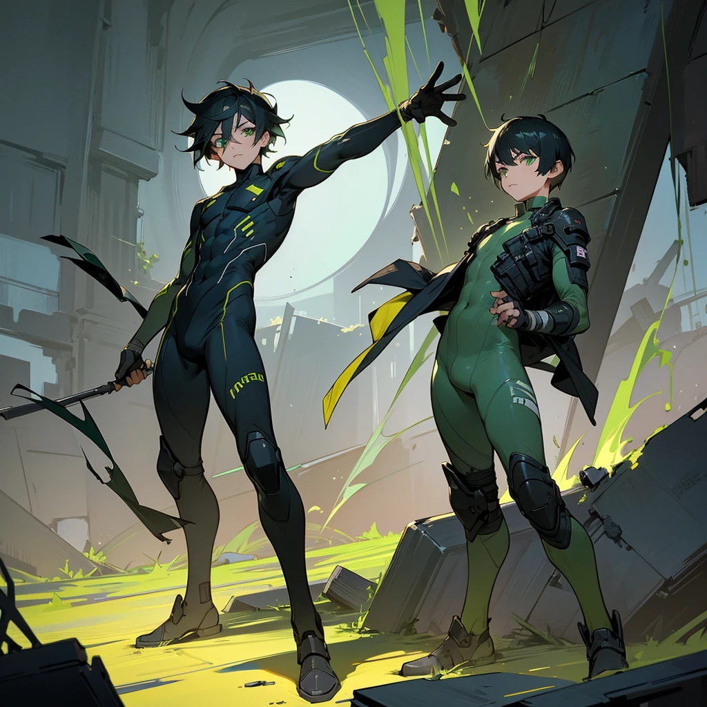 1male,  adult, finely detailed green eyes, wild short hair, black hair, scars, arm bandages, full body combat suits, loose pants, standing on ruined building, night time, serious expression