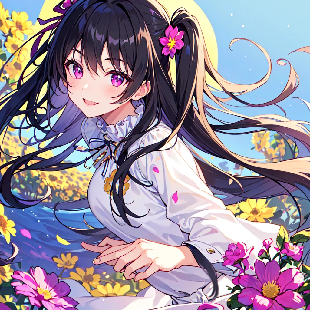 MASTERPIECE, best quality, high quality, extremely detailed, very delicate and beautiful, (1 female 18 years old, solo: 1.2), (long black hair, two side up to waist: 1.4), fringes to eyebrows, eyes Sharp eyes, strong glossy glossy eyes, glossy eyebrows, (eye colour magenta:1.3), 6.5 head height, (southern star flower print summer fashion:1.3), knee socks, frills, lace, (smiling), (running), (dynamic pose), (background southern star flower field :1.5) (blue sky), (upper body:1.3)