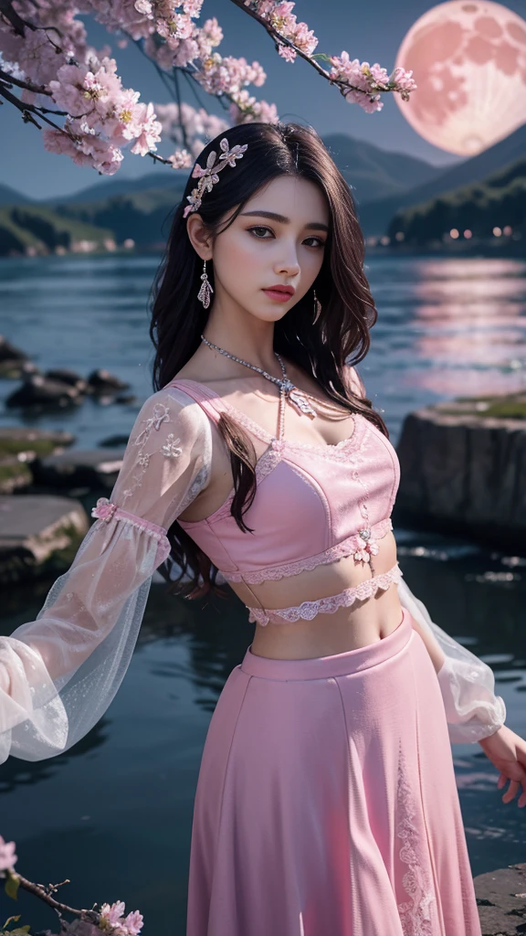 8K, ultra hd, masterpiece, 1 girl, ((18 years old girl)), good face, very long hair, detailed eyes, detailed lips, small breasts, ((polythene clothing, pink clothing)), ((criss-cross lace)), sardine, ornament, jewellery, antique jewellery, loops, straps, dim lighting, epic scenery, ((night scenery:1.5)), ((Realistic moon)), cherry blossom, beautiful, rain, flowers, butterfly, water reflection, RTX 4090, (unreal engine 5), ray tracing, bloom effect, perfect pose,