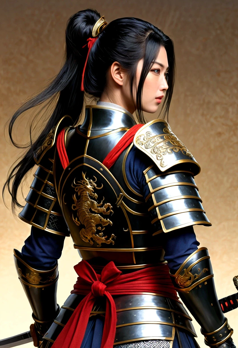 a picture of Japanese female knight, she has long black hair, wearing samurai armor, armed with a katana, ready for battle, ((shot taken from the back)), Japanese fantasy art, (Masterpiece: 1.5), 16k, highres, best quality, high details, ultra detailed, masterpiece, best quality, (extremely detailed), arafed, dnd art, JapaneseKatana