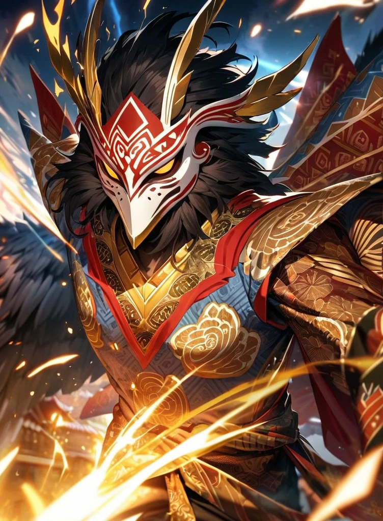 ,absurdres, highres, ultra detailed, HDR, masterpiece, extremely detailed face and eyes,Indonesian Super Hero costume,,red and white Garuda costume, Garuda eagle mask, , Indonesia batik pattern , solo, man, handsome, ,, , Epic fight scene, golden splashing effect, golden effect,glowing glitters