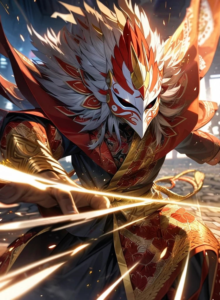 ,absurdres, highres, ultra detailed, HDR, masterpiece, extremely detailed face and eyes,Indonesian Super Hero costume,,red and white Garuda costume, Garuda eagle mask, , Indonesia batik pattern , solo, man, handsome, ,, , Epic fight scene, golden splashing effect, golden effect,glowing glitters