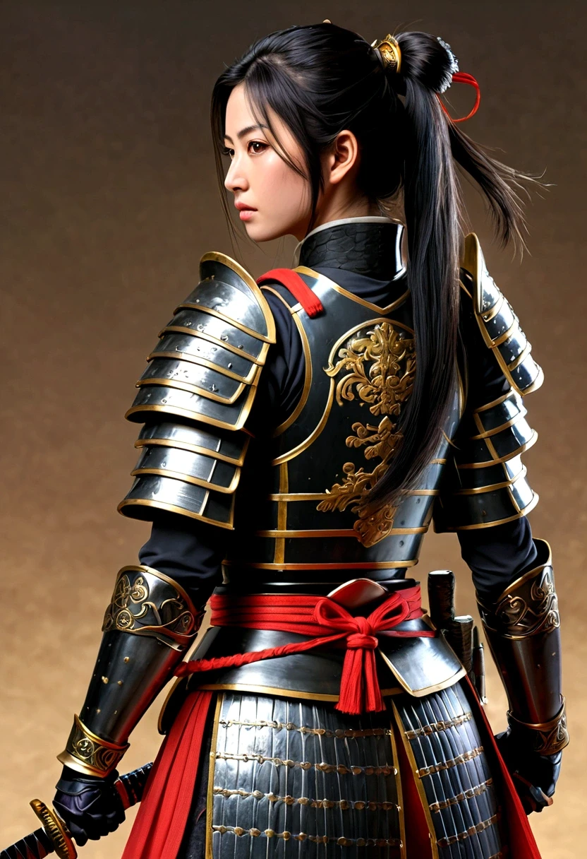 a picture of Japanese female knight, she has long black hair, wearing samurai armor, armed with a katana, ready for battle, ((shot taken from the back)), Japanese fantasy art, (Masterpiece: 1.5), 16k, highres, best quality, high details, ultra detailed, masterpiece, best quality, (extremely detailed), arafed, dnd art, JapaneseKatana