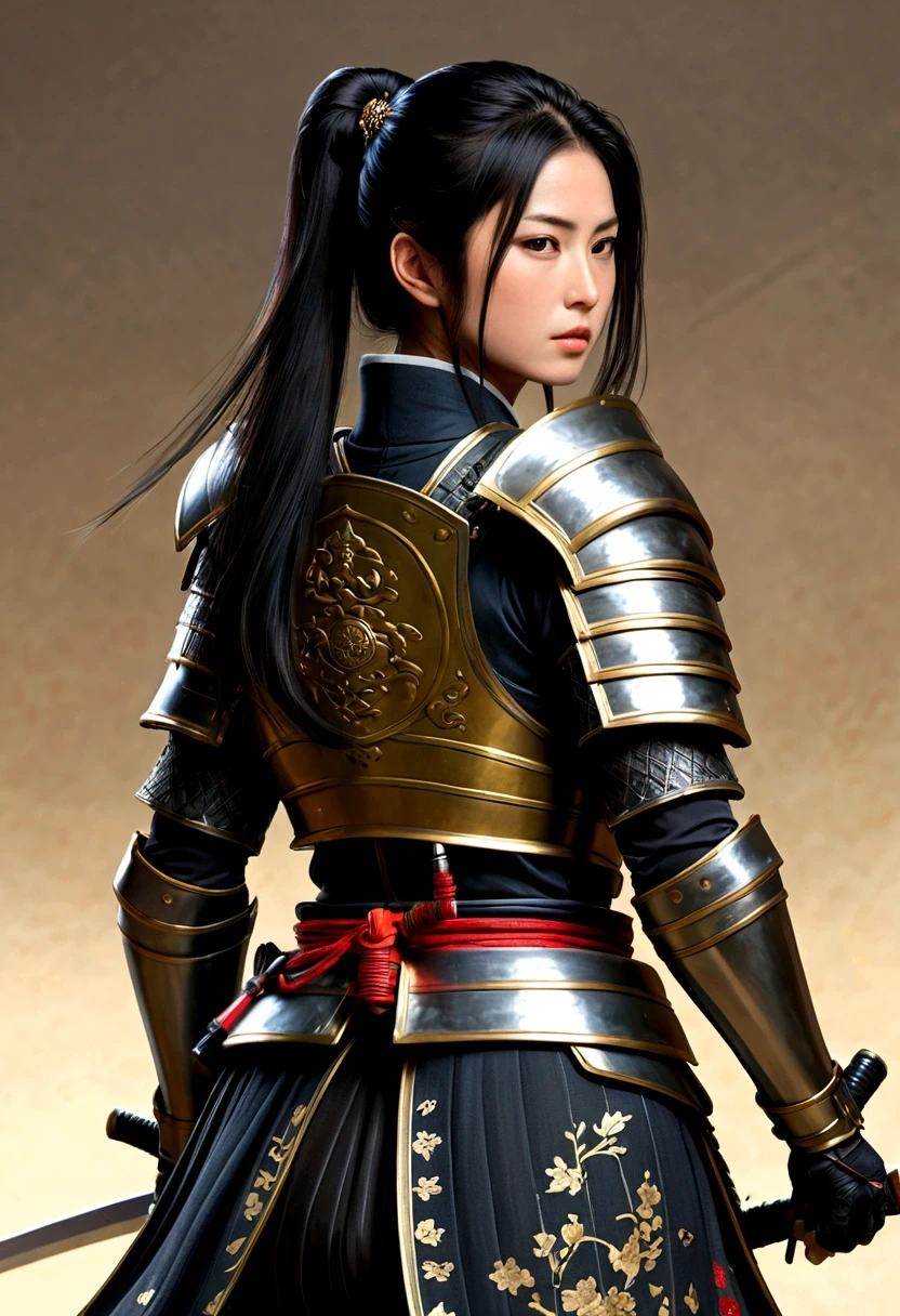 a picture of Japanese female knight, she has long black hair, wearing samurai armor, armed with a katana, ready for battle, ((shot taken from the back)), Japanese fantasy art, (Masterpiece: 1.5), 16k, highres, best quality, high details, ultra detailed, masterpiece, best quality, (extremely detailed), arafed, dnd art, JapaneseKatana