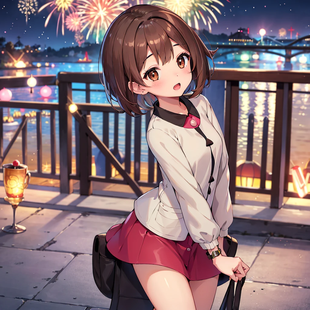 masterpiece, highest quality, High resolution, Gloria1, 1 Girl, Gloria\(Pokémon\), Brown Hair, , Brown Eyes, , Short Hair, , Bobcut, bangs, , 　１Describe a girl carefully　１Girl　Expression in love　blush　Open Mouth　blush　In town　Jacket　shirt　mini skirt　Night Moon　firework　Festivals